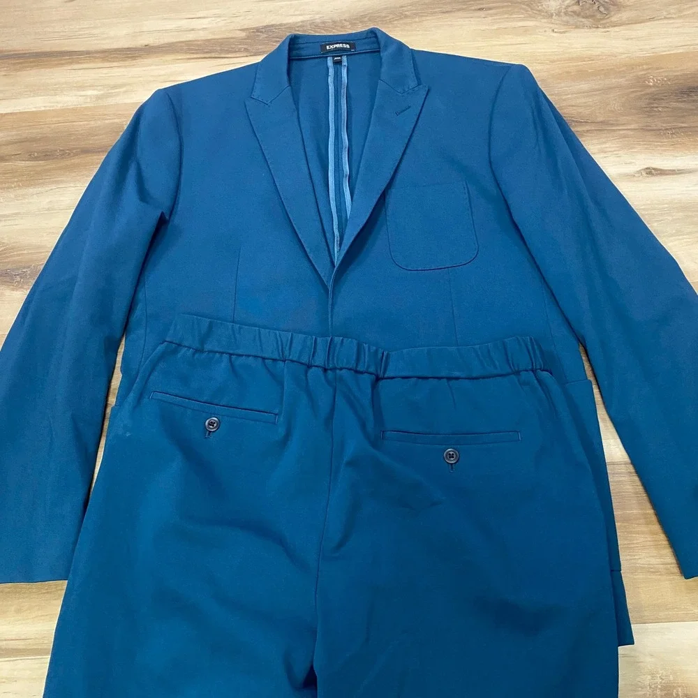 Express Suit 42L 34W Slim Fit 2-Piece Cotton Blend Stretch Teal Blue Modern